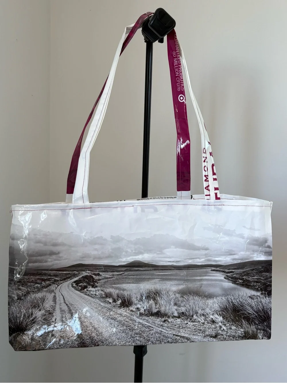 Scenic Black & White Tote Bag with Magenta Straps
